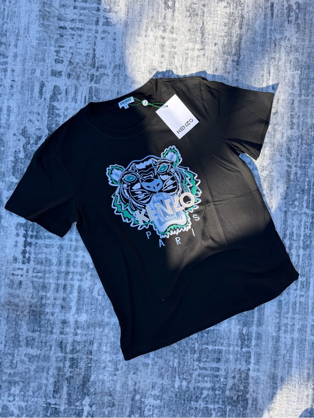 Kenzo Black Tee with Green & Blue Tiger Graphic